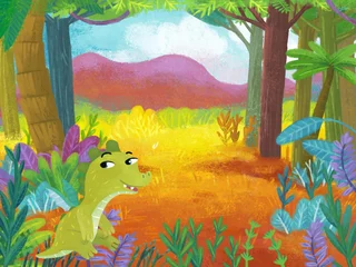 Fototapete cartoon scene with forest jungle meadow wildlife with dragon dino dinosaur animal zoo scenery illustration for children © honeyflavour