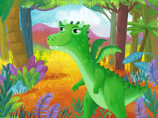 cartoon scene with forest jungle meadow wildlife with dragon dino dinosaur animal zoo scenery illustration for children © honeyflavour