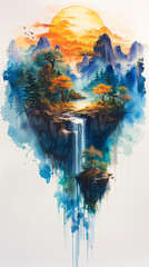 Beautiful fantastic landscape on a white background. A flying island with trees, mountains and waterfalls. Watercolor painting. Abstract intricate splashes of paint on a white background Generative ai