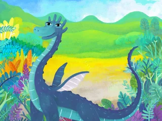 Schilderijen op glas cartoon scene with forest jungle meadow wildlife with dragon dino dinosaur animal zoo scenery illustration for children © honeyflavour