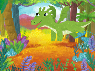 cartoon scene with forest jungle meadow wildlife with dragon dino dinosaur animal zoo scenery illustration for children © honeyflavour