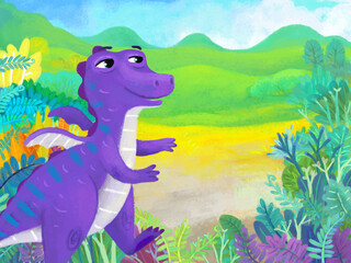 cartoon scene with forest jungle meadow wildlife with dragon dino dinosaur animal zoo scenery illustration for children © honeyflavour
