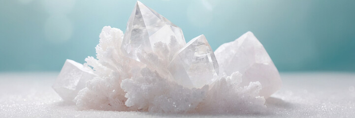closeup macro view of a snow quartz gemstone mineral on a pastel light blue a picture for banner