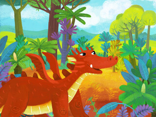 cartoon scene with forest jungle meadow wildlife with dragon dino dinosaur animal zoo scenery illustration for children © honeyflavour