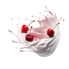 realistic fresh ripe cherries with slices falling inside swirl fluid gestures of milk or yoghurt juice splash png isolated on a white background with clipping path. selective focus