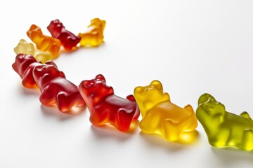 A colorful clan of gummy bears gather around a mountain of sugary confections, tempting and teasing with their jelly-like bodies and candied fruit flavors - obrazy, fototapety, plakaty
