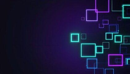 Fototapeta premium Abstract technology geometric background with copy space, square green and dark blue color pattern. Blue and lilac blocks with neon lines and glowing. Abstract high tech digital technology background.