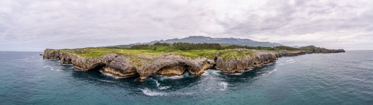 Panorama of area around jesters - bufones of arenillas, Spain near city Llanes in August 2023