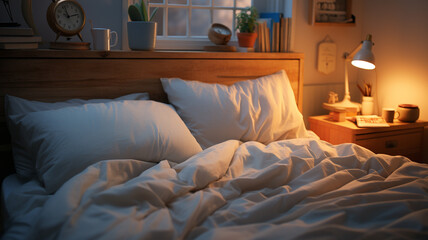 Sleep day, asleep and health problems, insomnia, soft bed time night lazy pillow comfort room, relax melatonin, woman man girl boy, moon star, banner copy space greeting card background.