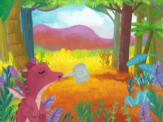 Stoff pro Meter cartoon scene with forest jungle meadow wildlife with dragon dino dinosaur animal zoo scenery illustration for children © honeyflavour