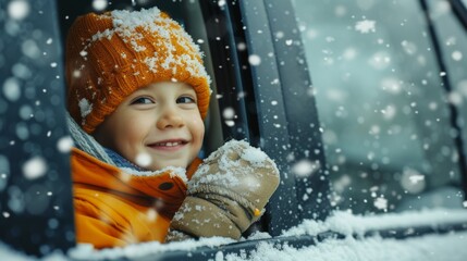 A young boy bundled up in winter clothing stares in awe at the snow falling outside the car window, his face full of wonder and innocence