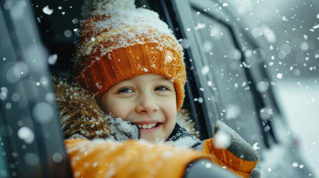 A Joyous Toddler Eagerly Awaits The First Snowfall Of Winter, Gazing Out The Window With A Wide Smile While Bundled Up In A Hat And Gloves