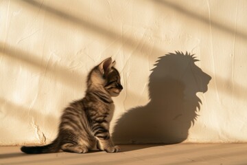 A curious domestic cat basks in the warm sun next to the imposing shadow of a majestic lion, showcasing the duality of feline nature and the beauty of their bond