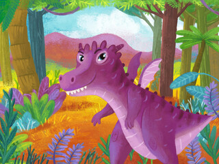 cartoon scene with forest jungle meadow wildlife with dragon dino dinosaur animal zoo scenery illustration for children © honeyflavour