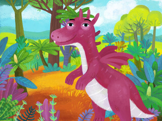 cartoon scene with forest jungle meadow wildlife with dragon dino dinosaur animal zoo scenery illustration for children © honeyflavour