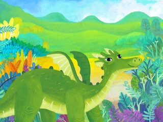 cartoon scene with forest jungle meadow wildlife with dragon dino dinosaur animal zoo scenery illustration for children © honeyflavour