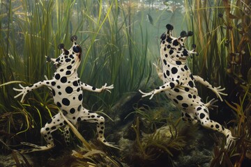 A playful pack of dalmatian-like frogs frolic among the grass and plants, their black and white spots creating a mesmerizing display as they swim gracefully through the water - obrazy, fototapety, plakaty