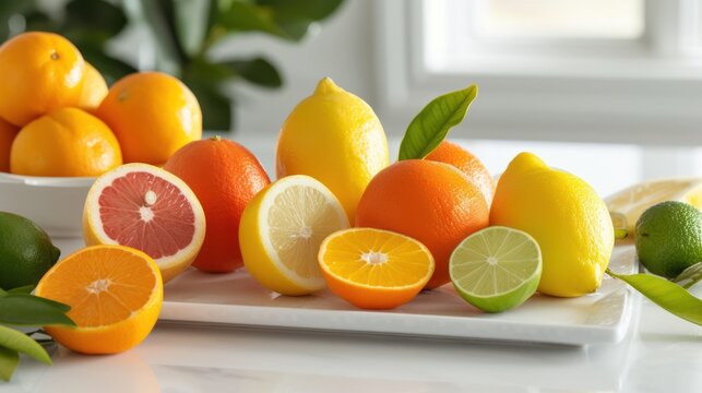  a white plate topped with oranges and lemons next to a bowl of lemons and limes on top of a white table next to a green plant.