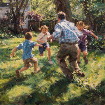 A father and his young son joyfully race through the green grass, their clothing and feet blending with the vibrant surroundings in a lively painted scene