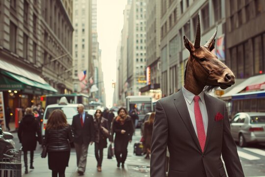A well-dressed businessman walks the city streets, his coat flapping in the wind as he confidently strides past buildings and cars with a horse head atop his shoulders