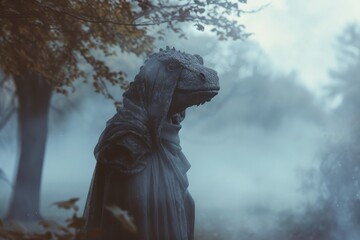 A lone figure stands amidst the fog, their dinosaur costume a striking contrast against the stillness of the outdoor sculpture garden, the sky above blanketed with dark clouds as a lone tree stands t