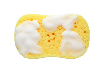 Yellow sponge with foam isolated on white, top view