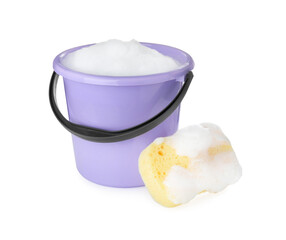 Bucket with foam and sponge isolated on white