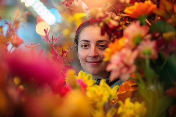 A joyful human face adorned with a beautiful flower, radiating warmth and happiness as she gazes into the camera with a bright smile