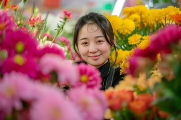 Naklejka premium A beaming woman creates a stunning display of chrysanthemums, her face mirroring the beauty of the colorful petals she expertly arranges in a flourishing garden