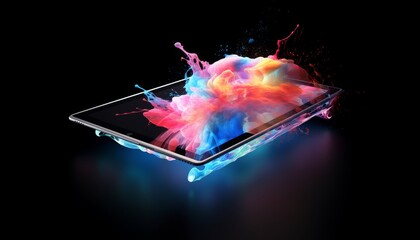 Foreshortening and perspective view of black tablet with abstract and splashing colorful clouds. Vibrant holographic colors explosion coming out of a screen on dark background. Generative AI.