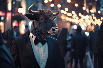 A dark and mysterious figure, clad in a sharp suit, stands confidently on a busy street, his cow head casting an eerie contrast against the urban backdrop - obrazy, fototapety, plakaty