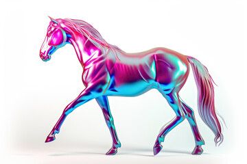 On a white surface, a poised horse in vibrant shades of pink and blue.