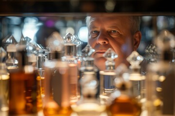 A curious man studies a dazzling array of perfume bottles, each one promising to transport him to a different world of scents and memories