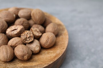 Wooden board with nutmegs on light grey table, closeup. Space for text