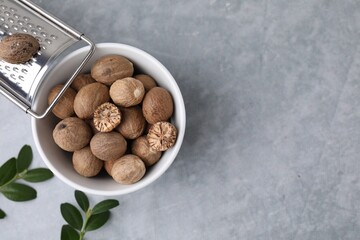 Nutmegs in bowl, metal grater and green branches on light grey table, flat lay. Space for text