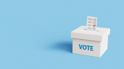 Vote into a ballot box during elections. Casting a vote in ballot box. Putting paper in ballot box. Voting or elections concept. 3d illustration - obrazy, fototapety, plakaty
