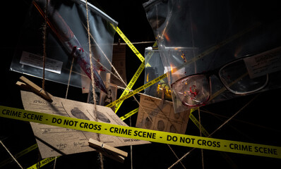 Crime scene investigation evidence set collected on murder hanging on interweaving threads bloody knife and glasses in transparent plastic bags - obrazy, fototapety, plakaty