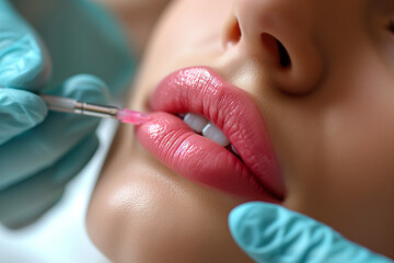 Lip Augmentation. Woman Getting Beauty Injection For Lips