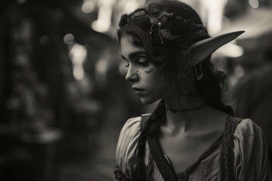 A fashionable woman with elf ears stands out on the street in her monochrome outfit, donning a dark hat as her striking human face exudes style and confidence