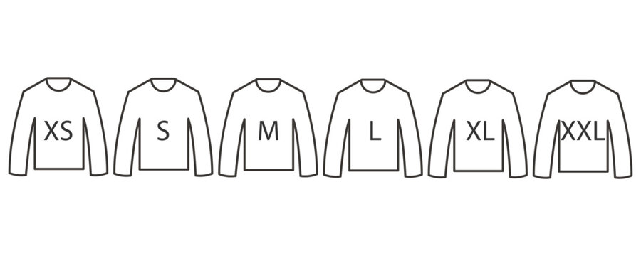 Clothes size vector icons. Editable stroke. Linear symbols S, M, L, XL, XXL 3XL 4XL labels small to extra large. Stock illustration on white background