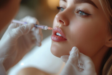 Lip Augmentation. Woman Getting Beauty Injection For Lips - obrazy, fototapety, plakaty