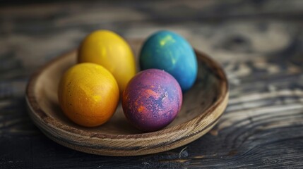 Obraz na płótnie Canvas a wooden bowl filled with colorful eggs on top of a wooden table next to a wooden bowl with three different colored eggs on top of the same bowl and one of the same.