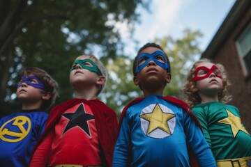A team of young heroes stand tall, adorned in capes and masks, ready to save the world under the shade of a towering tree