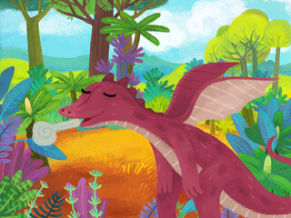 cartoon scene with forest jungle meadow wildlife with dragon dino dinosaur animal zoo scenery illustration for children © honeyflavour