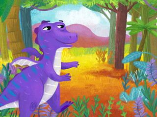 cartoon scene with forest jungle meadow wildlife with dragon dino dinosaur animal zoo scenery illustration for children © honeyflavour