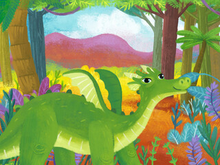 cartoon scene with forest jungle meadow wildlife with dragon dino dinosaur animal zoo scenery illustration for children © honeyflavour