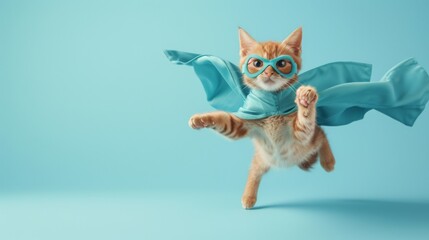 A mischievous kitten transforms into a heroic feline, complete with a cape and glasses, ready to save the day with its trusty toy by its side - obrazy, fototapety, plakaty