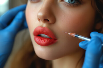 Lip Augmentation. Woman Getting Beauty Injection For Lips