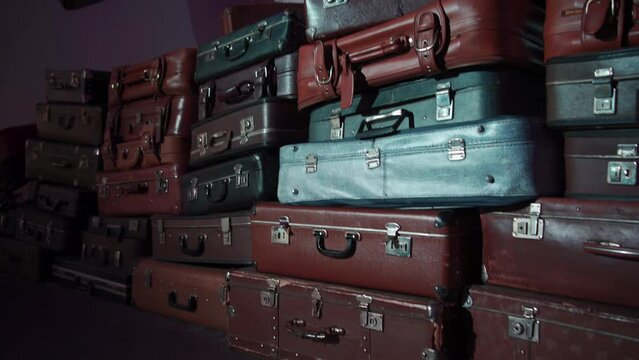 collection of old vintage luggage bags concept, 4k footage