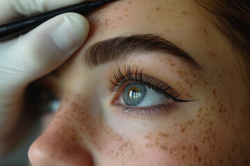 Permanent eye makeup close up shot. Cosmetologist applying tattooing of eyes. Makeup eyeliner procedure